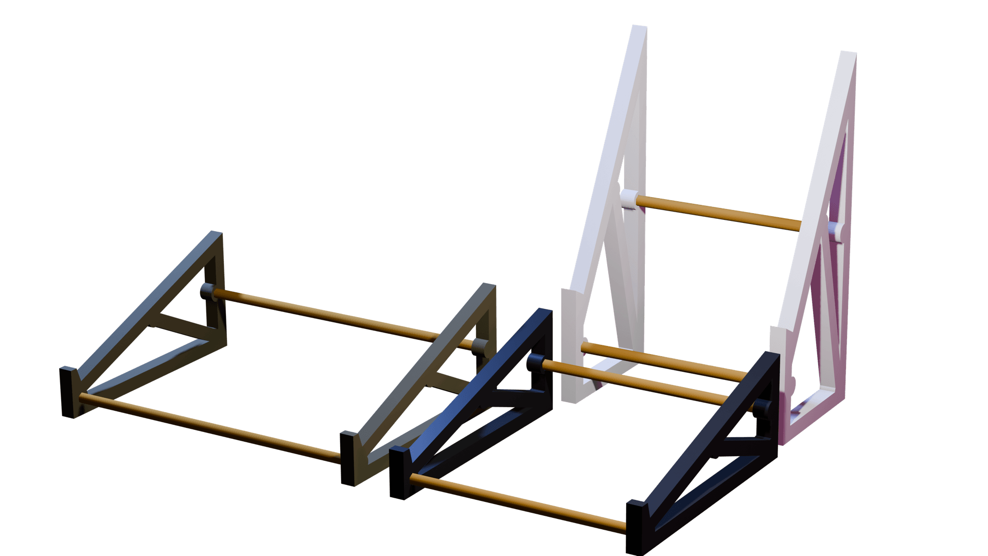 3D render of three stands with hardwood crossbars: grey, black and white sides on a black background