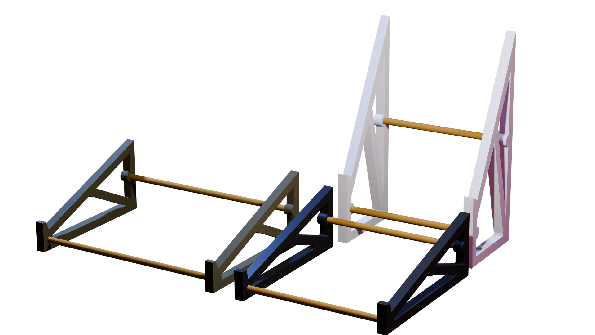 3D render of three stands with hardwood crossbars: grey, black and white sides on a black background