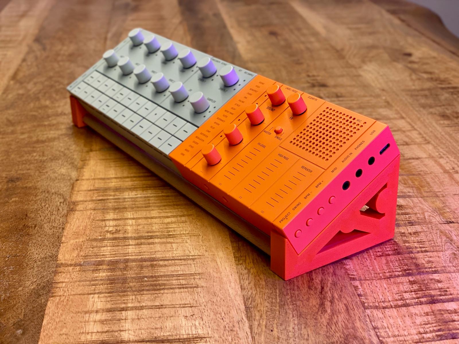 Yamaha SEQTRAK on its made-to-measure stand with a hardwood crossbar, on a wooden desk